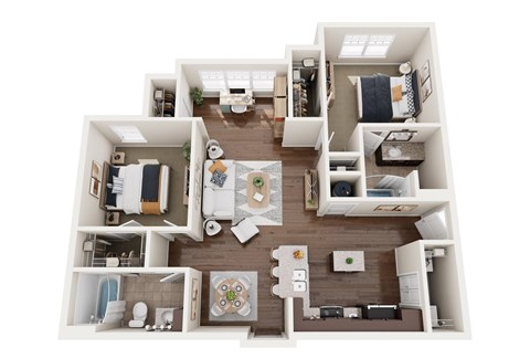 A top-down view of a small apartment layout with a kitchen, living room, and bathroom.